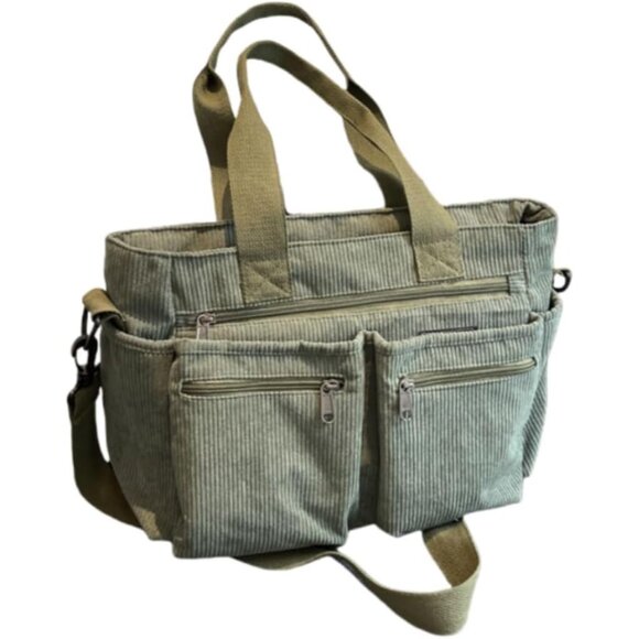 Green Corduroy Satchel Bag for Women, Large Capacity Multi-Pocket Tote Handbag w - Picture 5 of 9